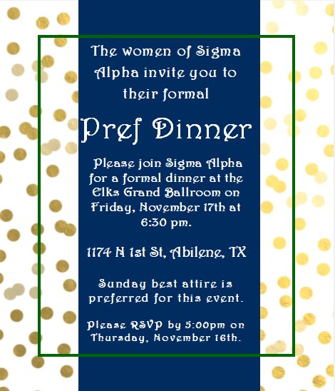 HSUSigmaAlpha's tweet photo. Ladiesssss please check your mailbox for an invitation to our formal Pref Dinner!! RSVP to @amber_ramz before Thursday at 5!! We would love to see y’all there so please join us for this event 😊💕 #RushSigmaAlpha https://t.co/bHHARRV1hY