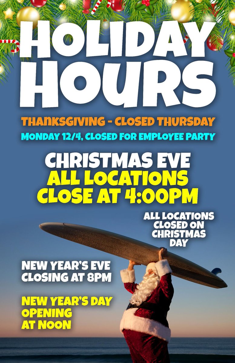 Long_Doggers's tweet photo. Please see our Holiday Hours! 
Closed - Thanksgiving
Closed - Dec 4 for Employee Party
Close at 4pm - Christmas Eve
Closed - Christmas Day
Close at 8pm NYE
Open at 4pm New Years Day
#thanksgiving #christmas #newyear https://t.co/GqSIpbZuZP