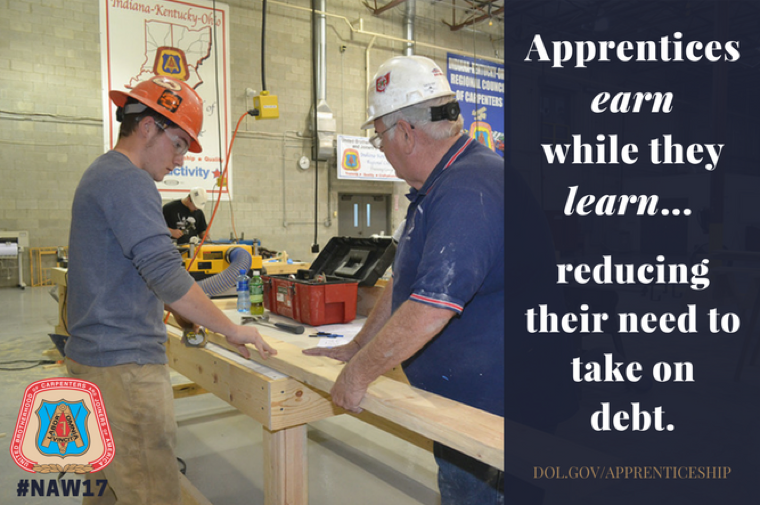 UBCJA_Official's tweet photo. FACT: Apprentices earn while they learn, reducing their need to take on debt. Our apprenticeship and training programs offer a rewarding alternative to college. #NAW17 #UBC https://t.co/1LASRzFpi2