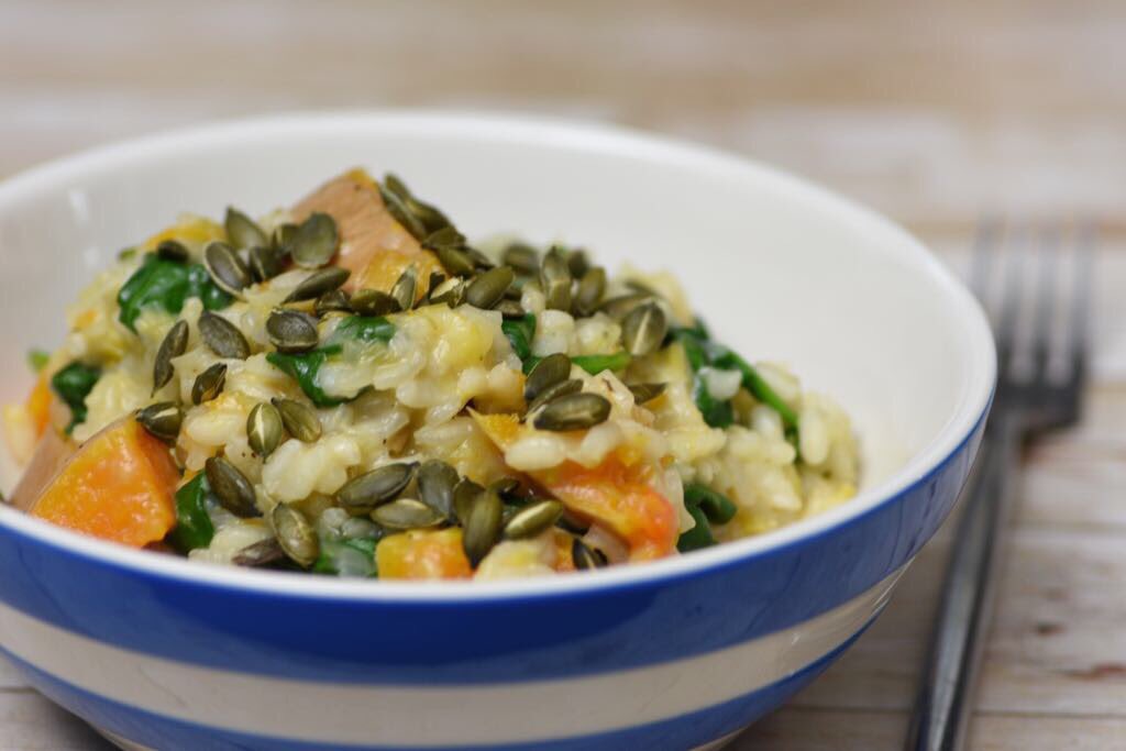 CornwRecipeBox's tweet photo. Make this beauty of a roasted squash risotto (no need to peel and chop the squash first -phew!)  #cookcornish https://t.co/LgCzcVe2gE