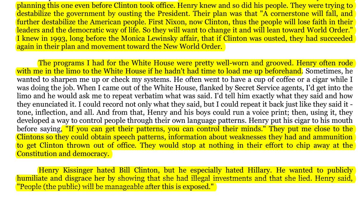 AaliyahHara's tweet photo. Brice Taylor: Mind-controlled Sex Slave of the CIA, Bob Hope &amp; Henry Kissinger exposed Bill Clinton &amp; Hillary Clinton as cocaine abusers, pedophiles &amp; rapists b4 pizzagate. Henry Kissenger caused the MSM exposure of the corruption of Hillary and Bills Lewinsky affair

#evilgate https://t.co/ohE7vLjluY