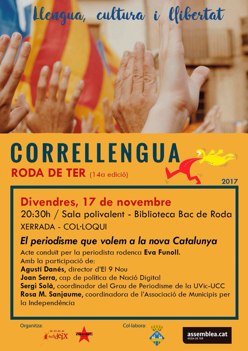 🔔Xerrada 'El periodisme que volem a la nova Catalunya'.
Amb <a href="/agustidanes/">Agustí Danés</a> @EvaFunoll <a href="/jserracarne/">Joan Serra Carné</a> <a href="/sergisola/">Sergi Solà Saña</a> i <a href="/Sanjaume/">Rosa Maria Sanjaume</a> 
📆Dia: Divendres 17
🕣Hora: 20.30
📍Lloc: Sala polivalent - Biblioteca