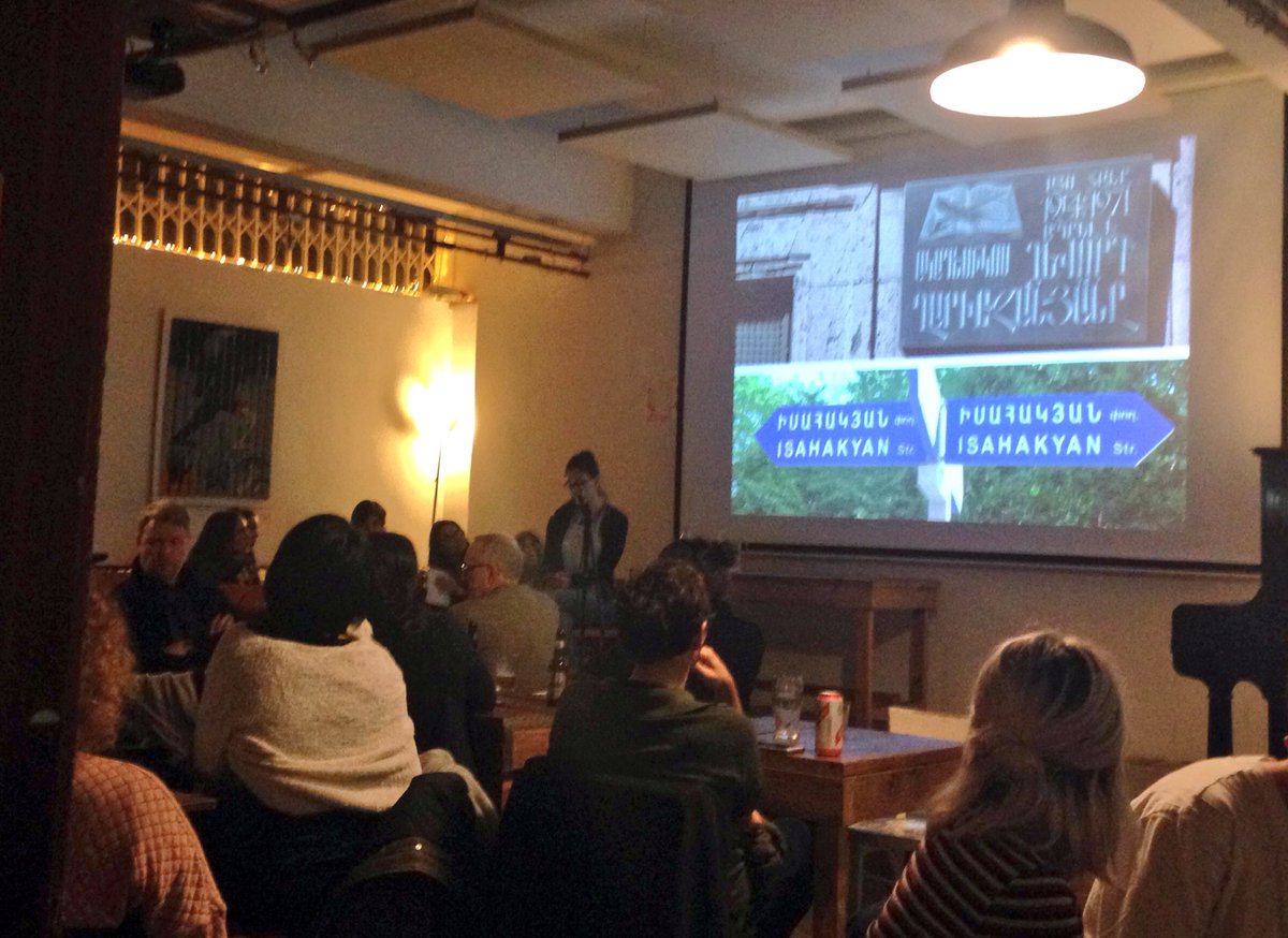 WomensDesign's tweet photo. The second night in the #HWOD talks kicking off with Elena Papassissa speaking about her PhD Armenian type research @PeckhamPelican @hwodesign https://t.co/R0HusPGLXz