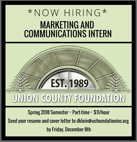 UC Foundation (@theucfoundation) on Twitter photo Our Foundation is seeking an intern for the Spring 2018 semester! Must be a full or part-time student enrolled at an IN college/university.
Position is part-time, at $11/hr beginning in January. To apply, send your resume & cover letter to dklein@ucfoundationinc.org by Dec. 8th. Our Foundation is seeking an intern for the Spring 2018 semester! Must be a full or part-time student enrolled at an IN college/university.
Position is part-time, at $11/hr beginning in January. To apply, send your resume & cover letter to dklein@ucfoundationinc.org by Dec. 8th.