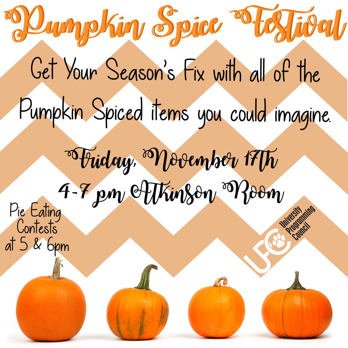 TheSocialBobcat's tweet image. Join UPC as they present the Pumpkin Spice Festival. Get all the pumpkin spice gear your heart desires and even compete in their Pie Eating Contest. This Friday in Lane's Atkinson room from 4-7 PM.
