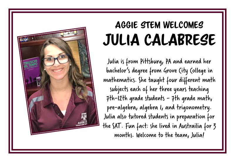 AggieSTEM's tweet photo. Welcome to the Aggie STEM team, Julia! #AggieSTEM #STEMeducation #mathematics https://t.co/tSAEvJo4K4