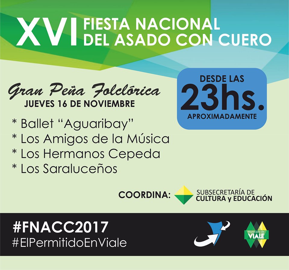 MuniVialeER's tweet photo. #PeñaFolclórica - #FNACC2017
@MuniVialeER a través de la Subsecretaría de Cultura, tendrá este año una participación especial en la XVI #FiestaNacional del #AsadoConCuero, coordinando la peña del día jueves. Mirá quienes participarán. @MinTurER https://t.co/92azCO6UbC