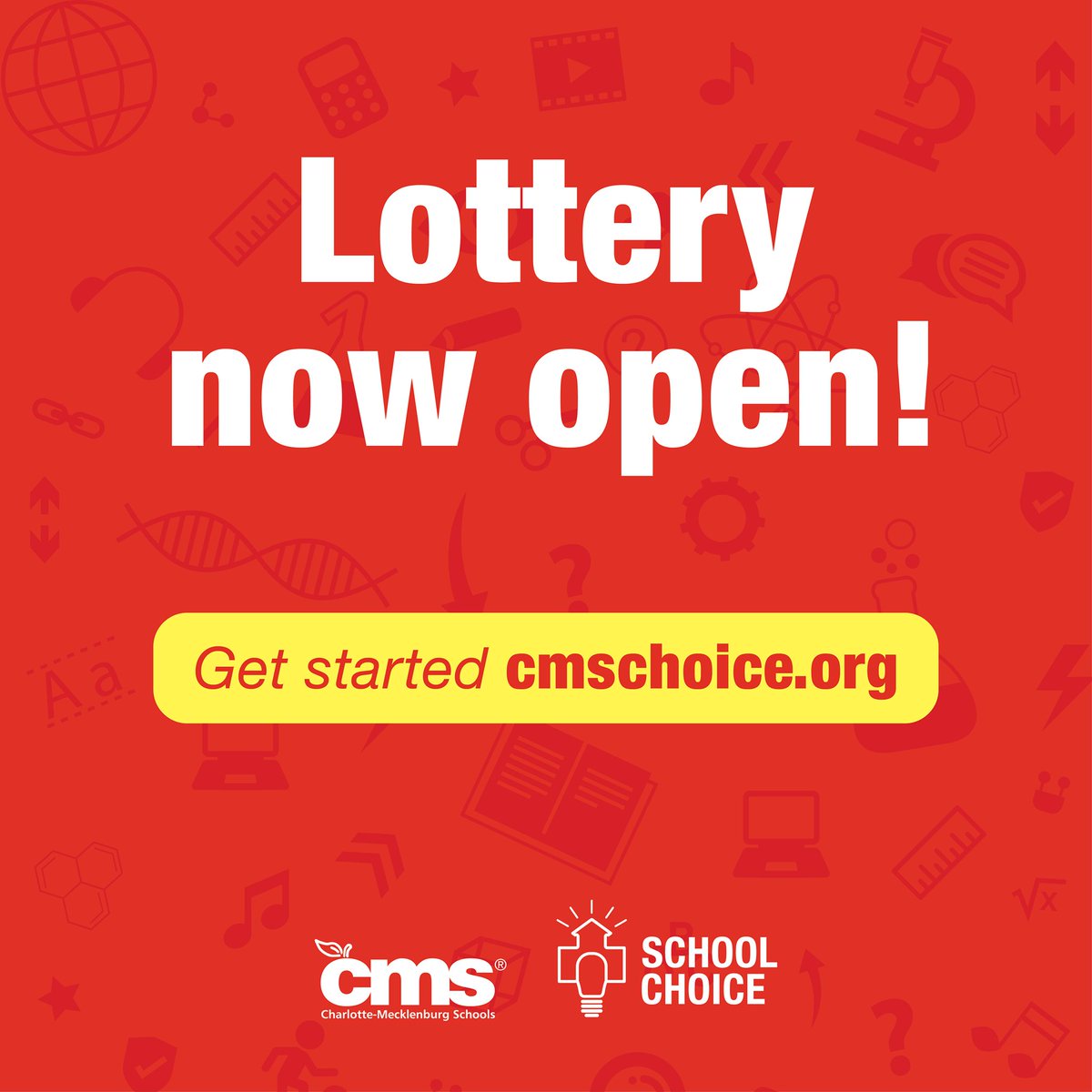 The CMS School Choice Lottery is open!  There is no priority given to when you submit your application, but you must apply before December 18 at CMSchoice.org.