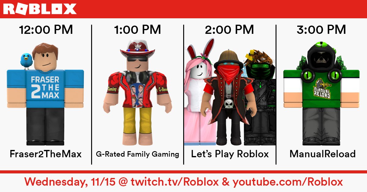 Roblox On Twitter Watch Our Afternoon Of Streams Starting At 12pm Pst With Fraser2themax Followed By G Rated Gaming Letsplayroblox And Manualreload Https T Co 2ufmigudb1 Https T Co Ylwse0zam6 - watch at twitch tv roblox