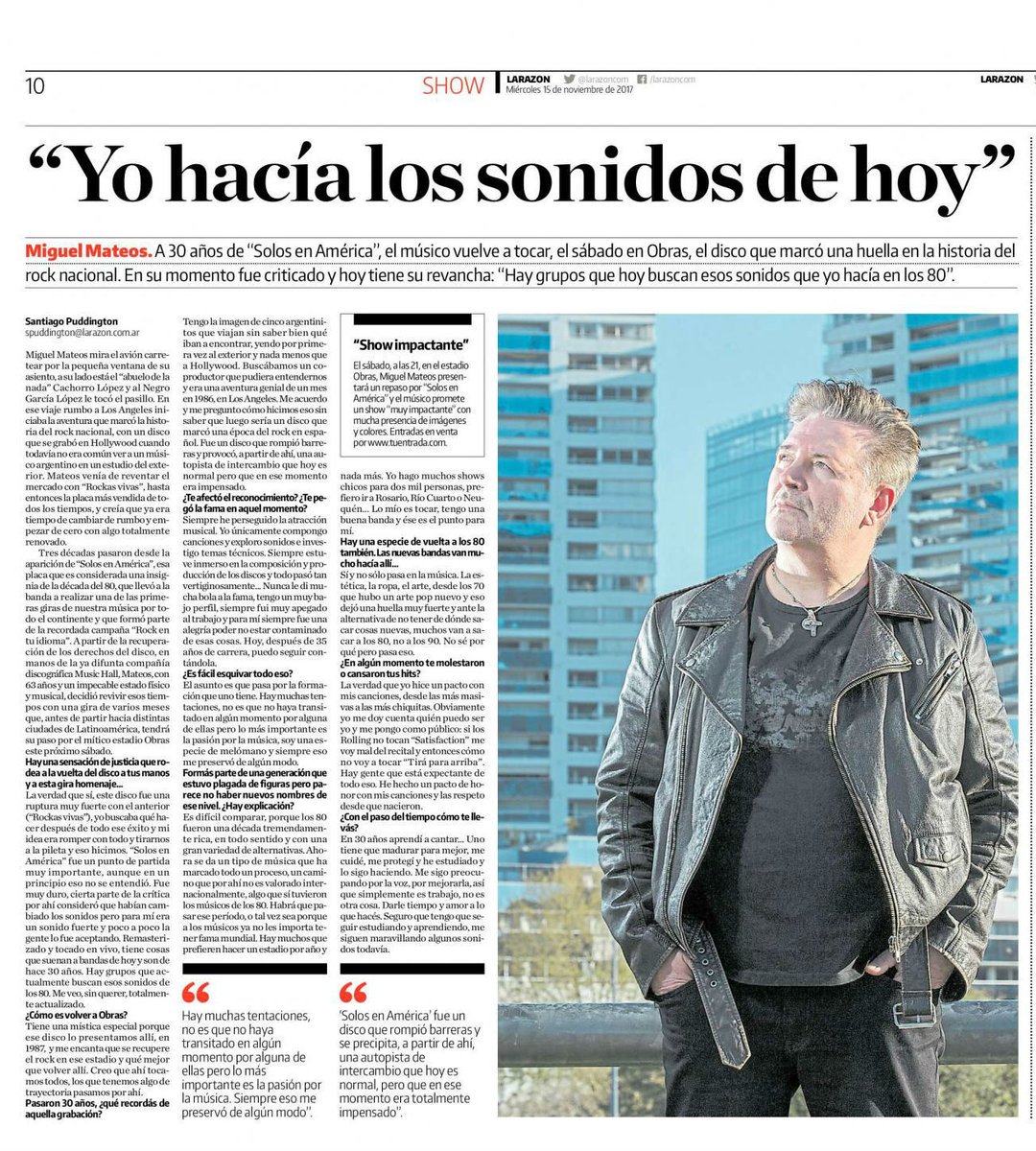 EspectaculosLR's tweet photo. Antes de tocar en Obras, el sábado, @miguelmateosok recuerda la grabación de "Solos en América", el disco que dejó una huella en la historia del rock nacional: "Tiene cosas que suenan a bandas de hoy y son de hace 30 años". Acá: https://t.co/2dgdcIhCIw https://t.co/rXar0c92gb