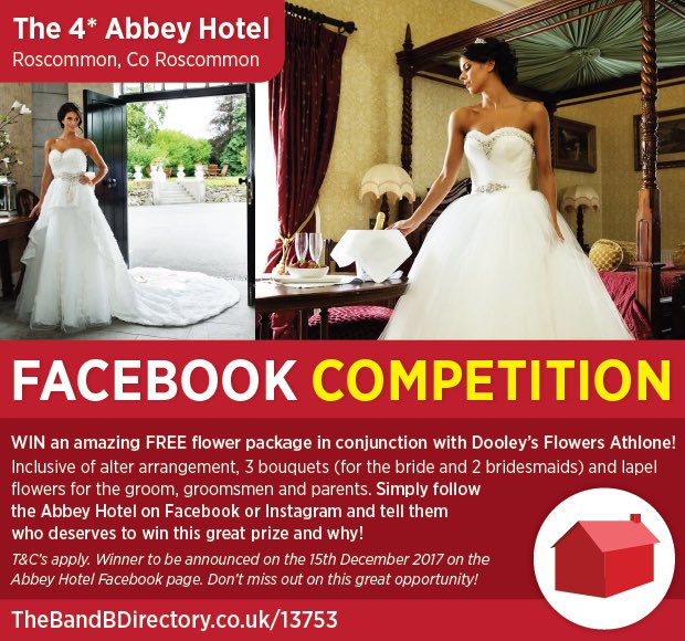COMPETITION TIME 🌸 'Brides to Be' Why not head over to our Facebook Page facebook.com/abbeyhotelrosc… for a chance to win your full Wedding flower 🌸package with Dooley Flowers Athlone <a href="/WeddingDates/">WedPro By WeddingDates</a> <a href="/AthloneAdvert/">Athlone Advertiser</a> <a href="/weddingpages_ie/">The Wedding Pages®</a>