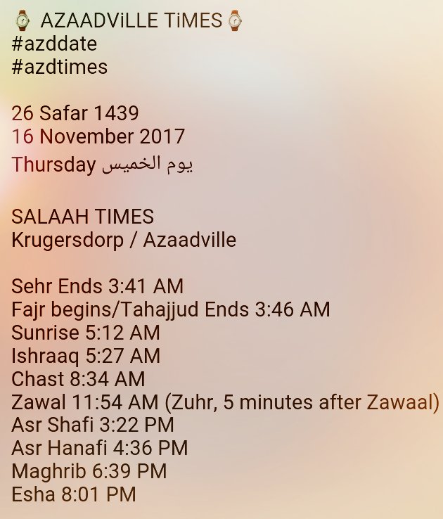 azdinfo's tweet photo. ⌚ AZAADViLLE TiMES⌚

#azddate
#azdtimes

🌒 26 Safar 1439

☀ 16 November 2017

📆 Thursday يَوْمُ الْخَمِيْس

⤵⤵⤵⤵⤵⤵⤵

https://t.co/mH0tLU0vnz https://t.co/nLGqEjBPbM