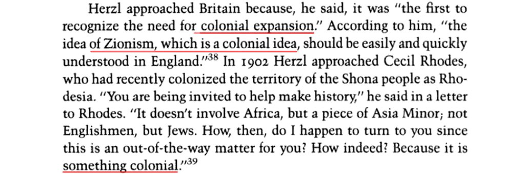2. How were they going to establish an exclusivist ethnic state in an area already inhabited? Settler colonialism. Here is Herzl trying to appeal to Rhodes. Yes, THAT Rhodes: