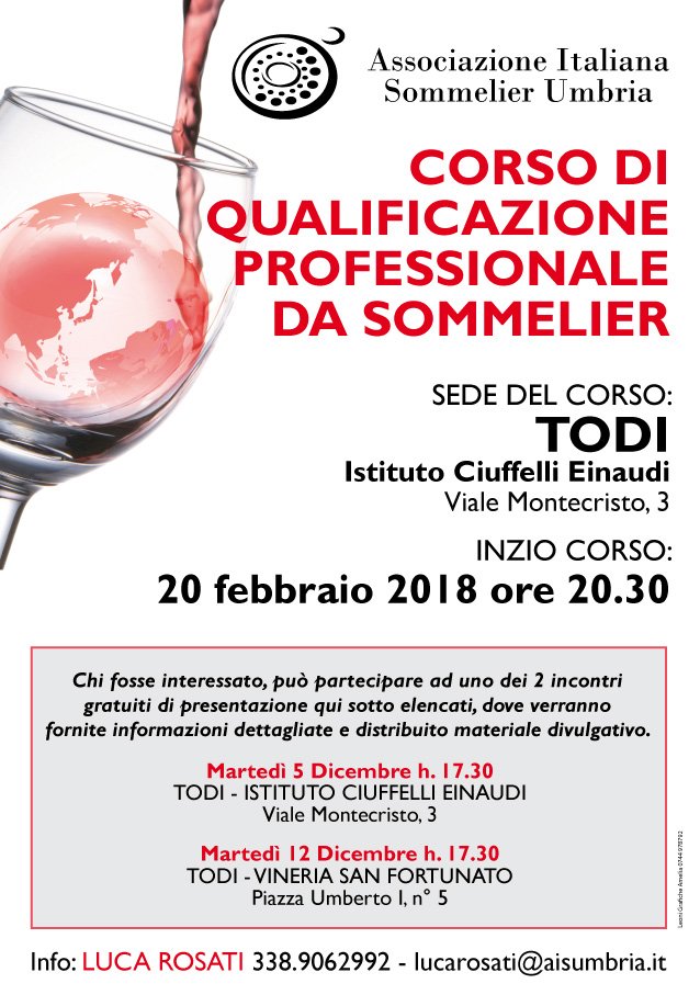 Buonasera! Nell'immagine qui sotto trovate le informazioni per il corso di qualificazione professionale da Sommelier che partirà a Todi. 
Ci saranno ben due incontri gratuiti di presentazione, il primo il prossimo 5 dicembre: vi aspettiamo 🍷