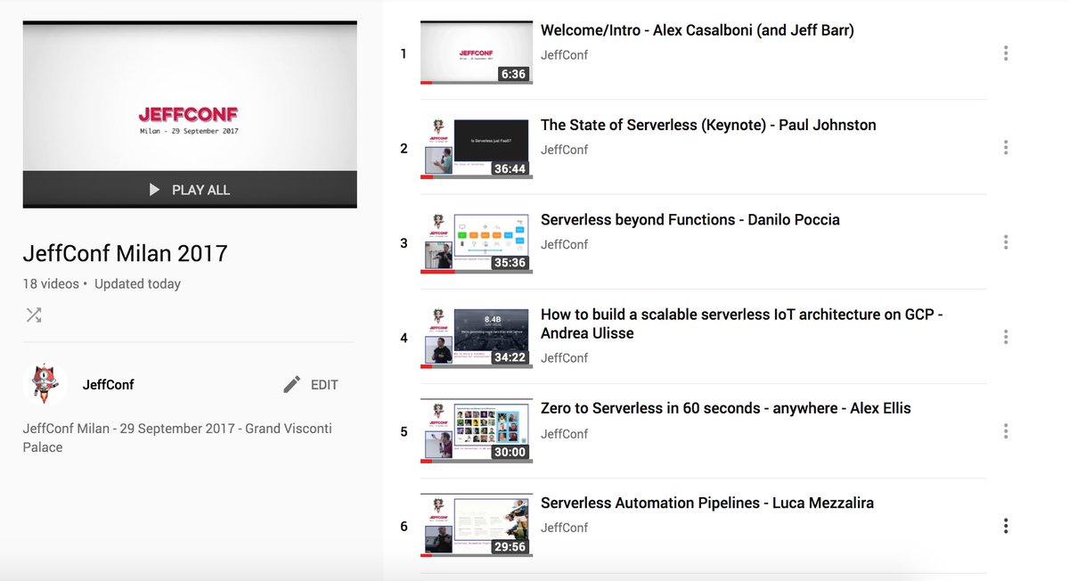 jeffconf's tweet photo. All the JeffConf Milan videos are finally available on YT! (feat. @jeffbarr @PaulDJohnston @danilop) https://t.co/RGuD3WM1gt https://t.co/a8JuvwYWaq