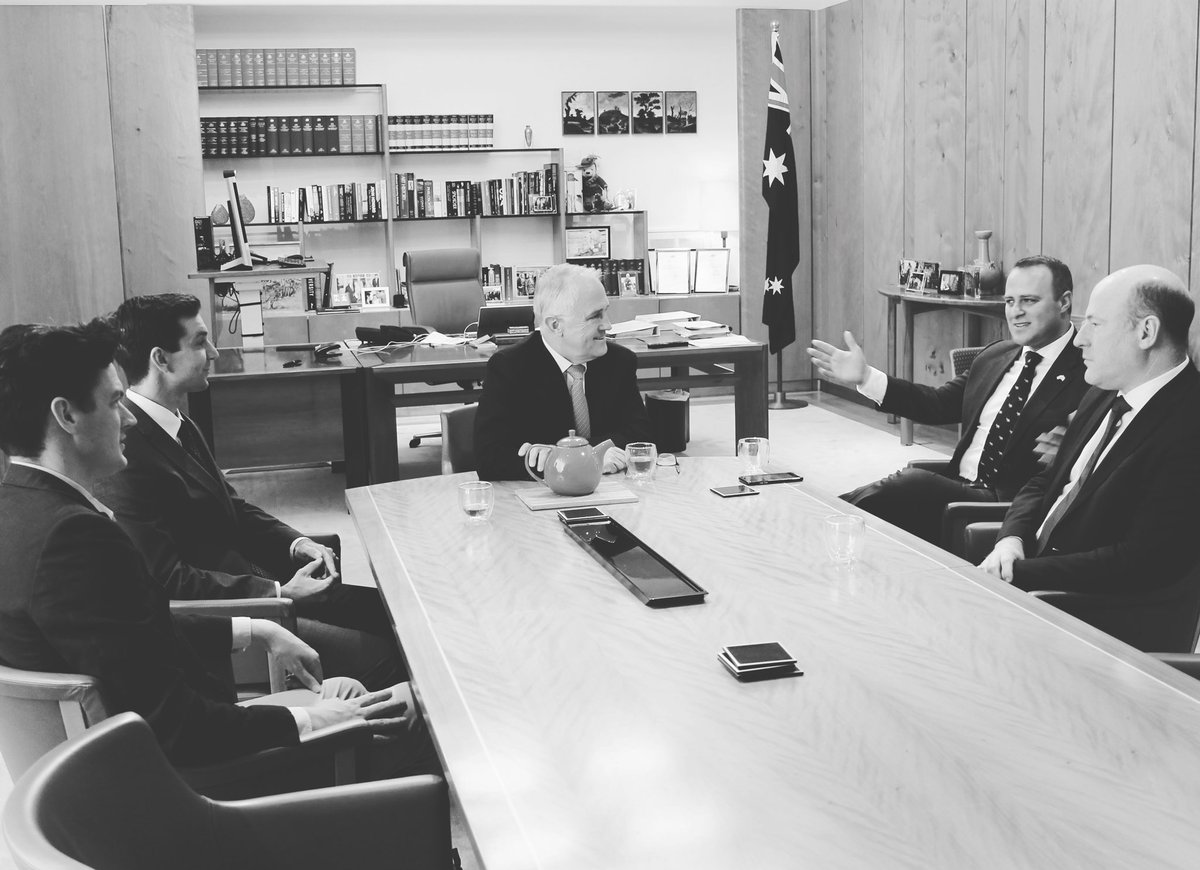 TimWilsonMP's tweet photo. Midway through a rollercoaster day it was nice to find time to chat about the national result with the Prime Minister @TurnbullMalcolm, Trent Zimmerman, Trevor Evans &amp; @rpbolger ... https://t.co/BCB4Ecu0HM