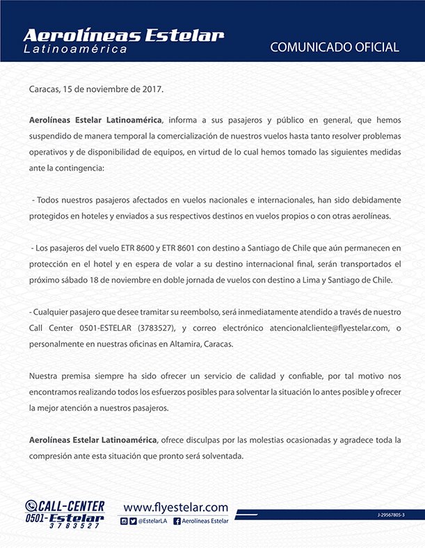 AerolineasE's tweet photo. -COMUNICADO OFICIAL- https://t.co/mjH3BTTAIR