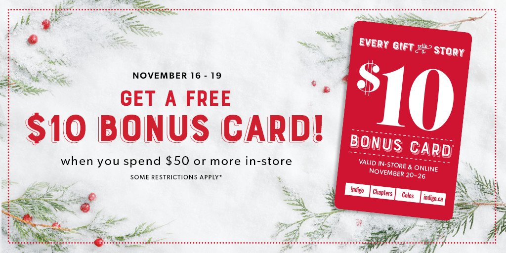 ChaptersCrowft's tweet photo. Stop in-store tomorrow and get a head start on your holiday shopping. Get a FREE $10 Bonus Card when you spend $50 or more. In-store only. November 16-19. Exclusions apply.#everygifttellsastory https://t.co/QuDKU4vCwX https://t.co/gVcIeRsxbG