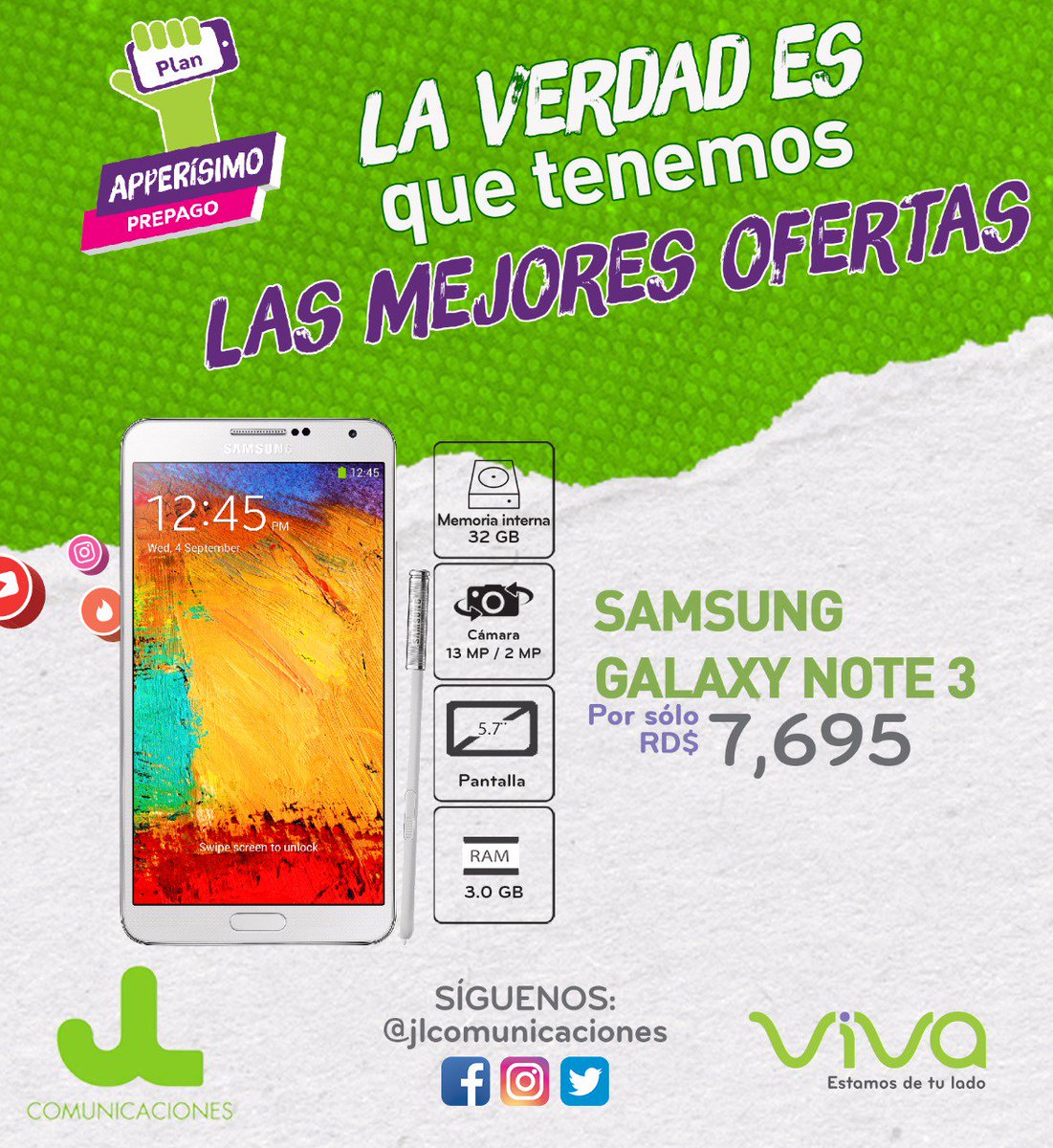 jlcomunicacion's tweet photo. Seguimos con nuestras súper ofertas para ti, disponible en todos nuestros #puntosdeventasjl #jlcomunicaciones #samsunggalaxynote3 https://t.co/hbEfH1XmSg