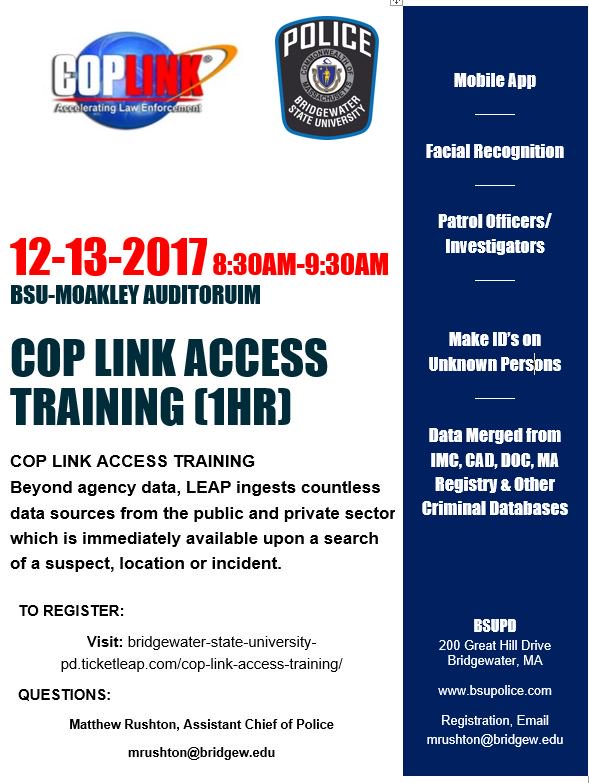 Matthew_Rushton's tweet photo. @BSUPolice1 hosting @ForensicLogic #COPLINK training this December @BridgeStateU @massmunicipal @MassArtPolice @PlymouthCtyDAO @PlymouthSheriff @MassStatePolice @BristolDA @BCSO1 @SheriffCummings @SEMLEC_SAR @MajorCityChief @MAPOLICECHIEFS #FREE https://t.co/gwW5tCjJdK