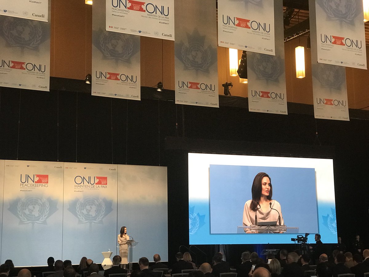 UN's tweet photo. Watch now: @Refugees Special Envoy Angelina Jolie is at #PeaceConf17 advocating for the right for women &amp; girls to live a life free of violence. See: https://t.co/LwPgUHaCvl https://t.co/3SkIL45xR1
