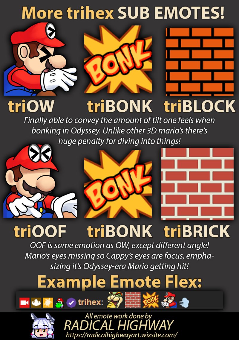 trihex's tweet photo. NEW SUB EMOTES are live! Have fun ruining chats w/ #triOW #triOOF alongside improved #triBONK utilizing combinations of #triBLOCK &amp; #triBRICK!

I'm worried I gave too much shitter fuel cuz #triOW w/o context looks... uhh... https://t.co/HjzdLvkyV8