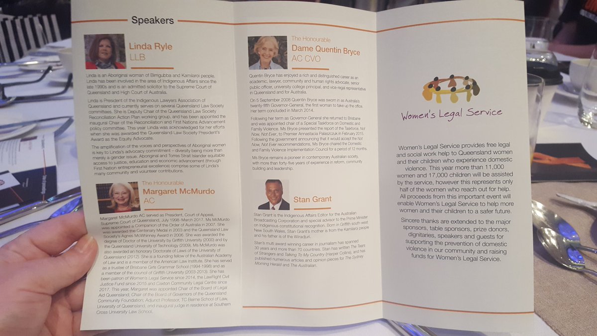 A great line up of speakers at <a href="/wlsq/">Womens Legal Service Queensland</a> annual Legal Profession Breakfast - The Honourable Margaret McMurdo AC, Dame Quentin Bryce AC CVO and Stan Grant #ZontaSaysNO