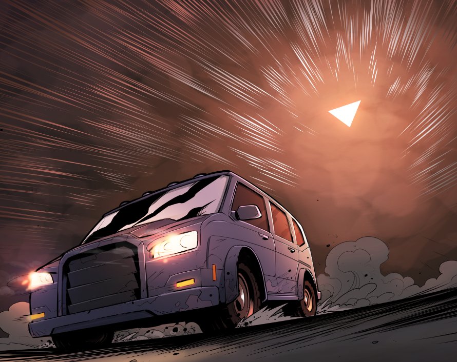 cschrodersart's tweet photo. Not your everyday high speed chase. #Comicbookart #MAIAbook #PageColour @SchrodersArt https://t.co/BONq6bhMHP