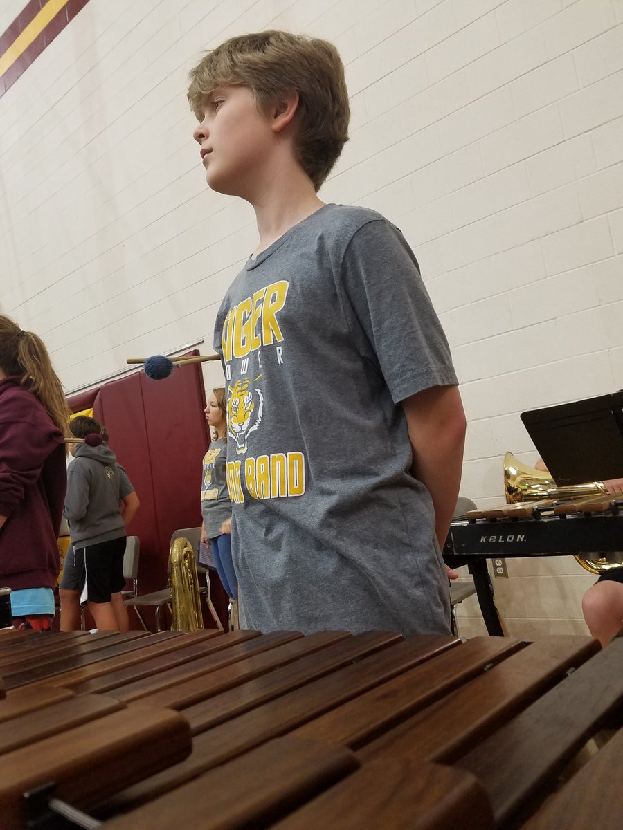 DsmsBand1's tweet photo. Here we find the majestic percussionist waiting patiently to begin rocking the gym at this afternoon's pep rally!  #iamdsisd. #tigerbandpower https://t.co/uAQ1AYDFR6