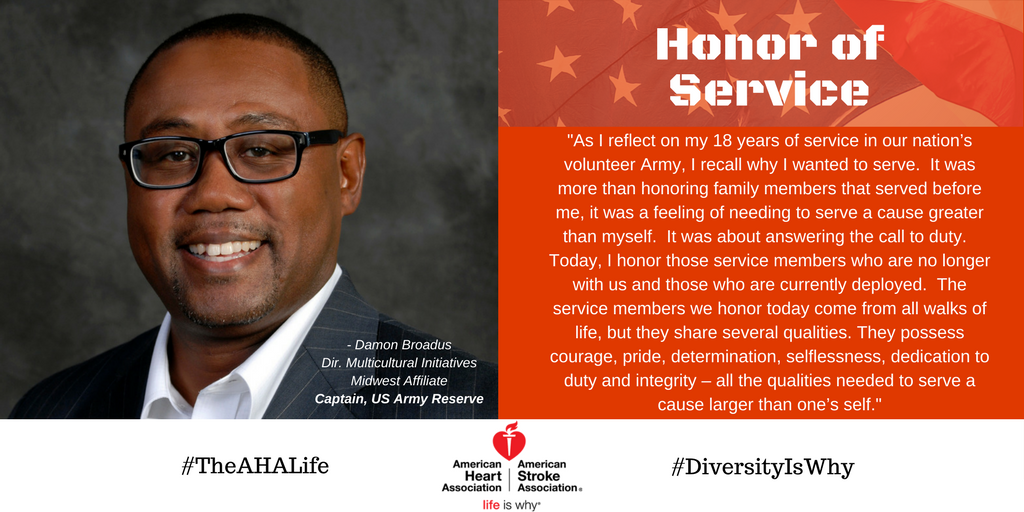 TheAHALife's tweet photo. Honoring Damon Broadus, our Dir. Multicultural Initiatives, Midwest Affiliate for his 18 years of service in the US Army Reserve. Check out our veteran job site here to see more jobs: https://t.co/mjutIh21Pu #theahalife #diversityiswhy #veteranhiring https://t.co/kwHSwdxqyO