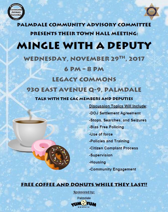 LASD_Eric's tweet image. Palmdale Sheriff's Station's Community Advisory Committee will hold their Town Hall meeting - Nov 29, 2017 6-8pm at Legacy Commons.  Please join them.  nixle.us/9PTPZ #AV411 #LASD