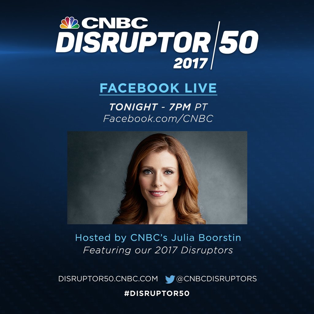 Our very own <a href="/anthonyatti/">Tony Atti</a> will join <a href="/CNBC/">CNBC</a>’s <a href="/JBoorstin/">Julia Boorstin</a> on #FacebookLive tonight, from the CNBC #Disruptor50 celebration in San Francisco! Tune in here at 7 pm PST to watch: bit.ly/2A1s5RV #innovation