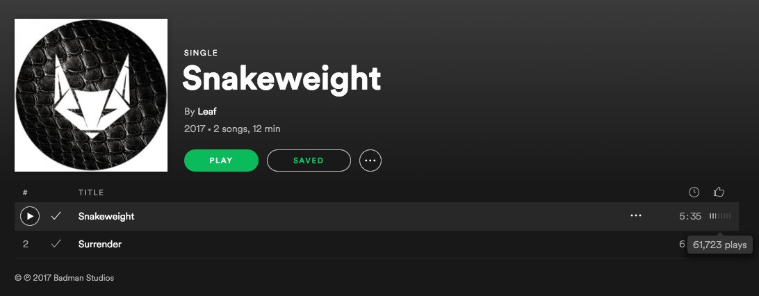 Snakeweight by Leaf, title track of our first release from February 2017, has surpassed 60,000 streams on <a href="/Spotify/">Spotify</a>! cc/ <a href="/Dittomusic/">Ditto Music</a> #SubLow #Spotify #streaming #dubstep #bass #BDMN001 open.spotify.com/album/1UENsrsL…