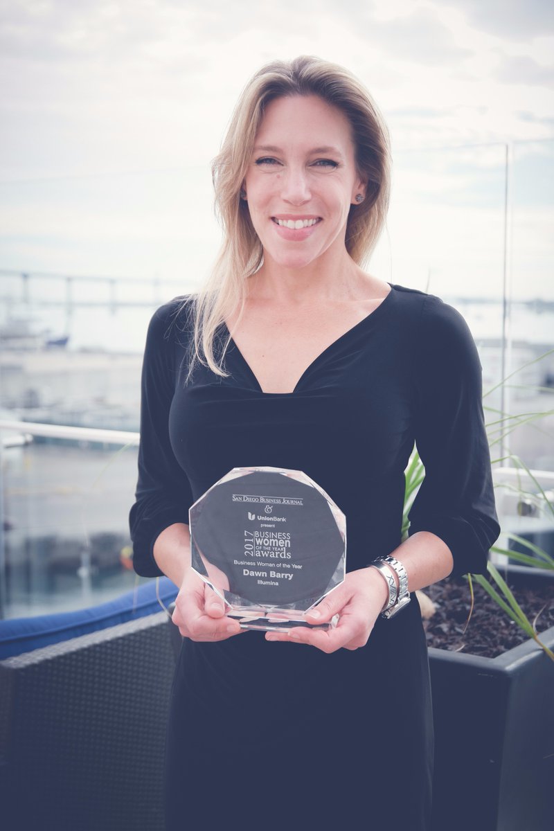 illumina's tweet photo. “Behind every successful woman is a tribe of successful women who have her back.” CONGRATULATIONS Dawn Barry, VP Applied Genomics, for winning @SDbusiness Business Woman of the Year 2017. We are incredibly proud of your accomplishments!#businesswomen2017 https://t.co/NAsEsT2PYR