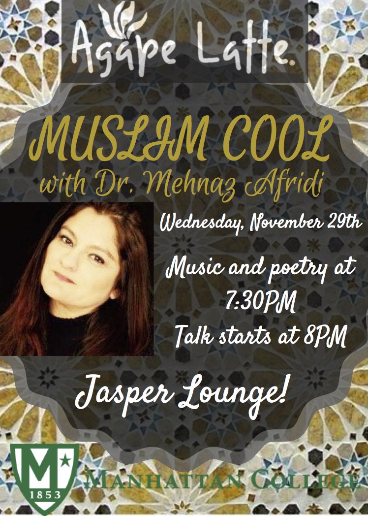 Join us for Agape Latte with Dr. Mehnaz Afridi TOMORROW, November 29th in Jasper Lounge at 7:30pm. Dr. Afridi is presenting on her chosen topic: "Muslim Cool". Come for the coffee and prizes, stay for the great conversation!