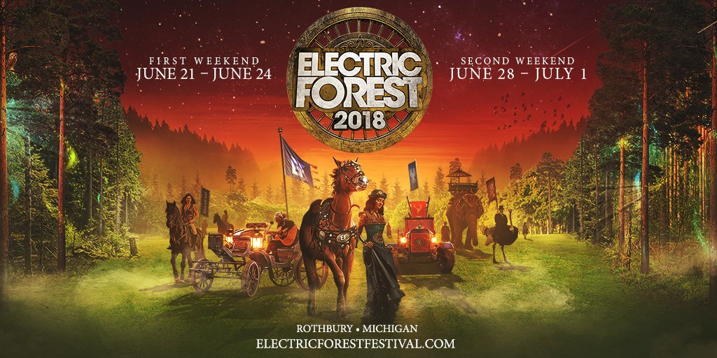 Electric_Forest's tweet photo. HQ is proud to invite the #ForestFamily to two weekends of #EF2018, June 21 – 24 and June 28 – July 1, 2018. ⚡️🌲

For information on How To Visit The Forest, the debut of 6 In The Forest Loyalty tier, expanded Good Life Camping &amp; Lodging options, visit https://t.co/eFoTAT99ZS. https://t.co/QvZjJQh7hz