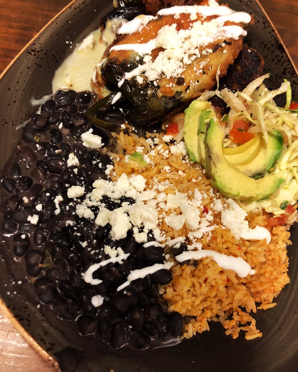 Poblano Relleno, crema, avocado, rice, coconut black beans. Hell yes!  #wallawalla #sinfullygood #cantinaeats #addamargarita