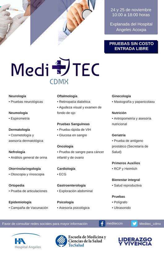 Meditec_cdmx's tweet photo. Un evento que beneficiará tu salud y bienestar. 
MediTec 24 y 25 de noviembre de 10 a 18 horas, entrada libre. ¡No faltes! 
Te esperamos en la explanada del Hospital Angeles Acoxpa. https://t.co/D4zq31jGbD
