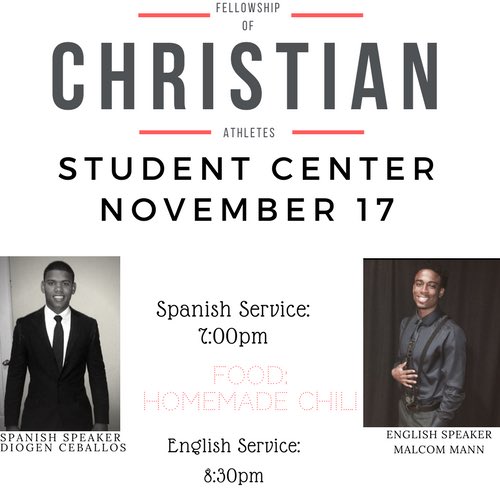 FCA is happening THIS Friday at 7pm in the student center!! We can’t wait to hear from Diogen and <a href="/Malc_Mann/">Malcolm Mann</a>!! And... We are all curious..... who is going to be the Student and Athlete of the month?! 📝👨‍💻👩🏻‍💻🏀⚽️🏐 #bethere