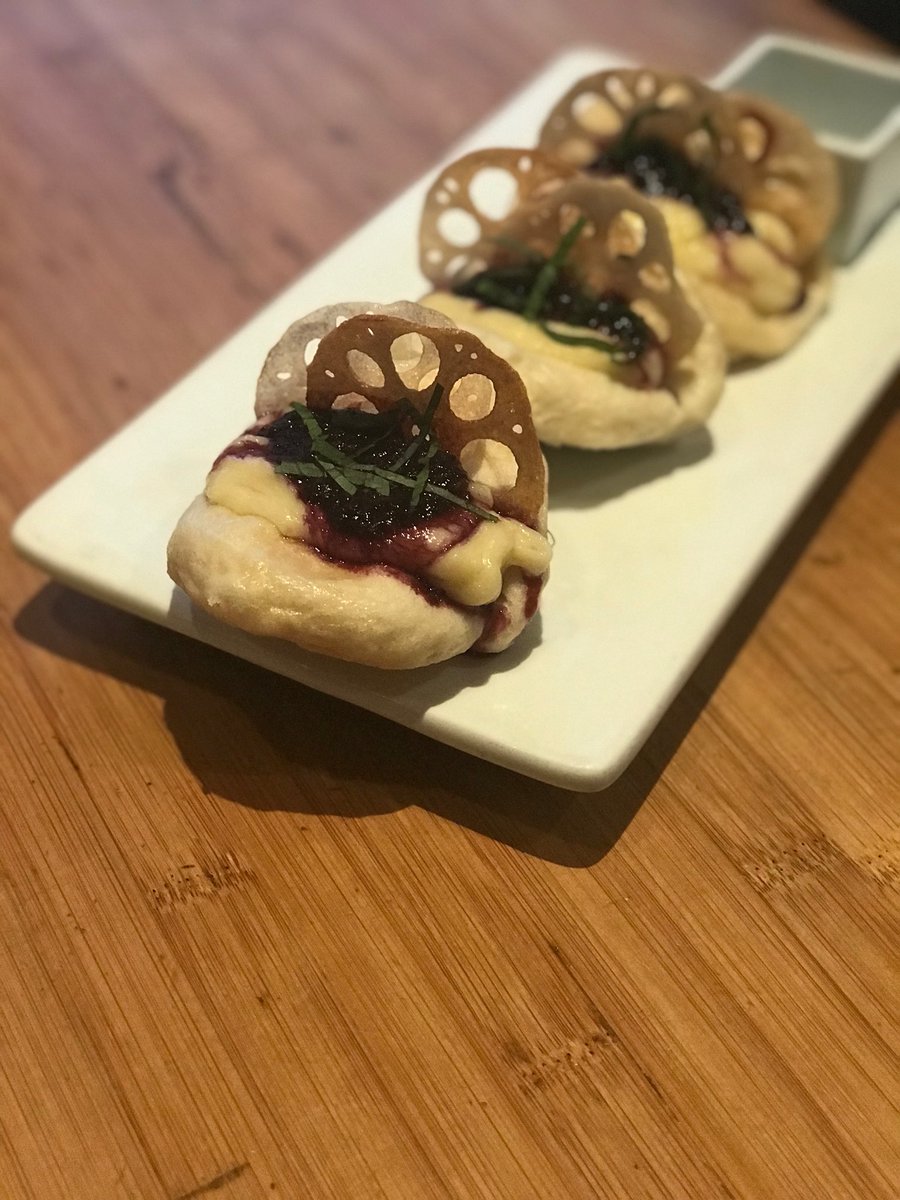 Veggie #BonesBuns tonight! Melted Fontina, Fried Lotus Root, Triple Berry-Thai Basil Jam.
