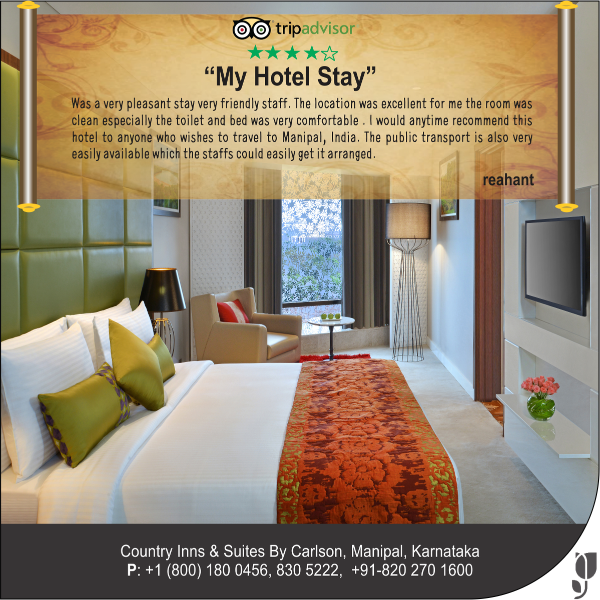 CountryinnM's tweet photo. Thank you for such a #wonderful endorsement of your stay #experience at #CountryInnSuites #Manipal. It was indeed a #pleasure to have had your patronage and we #look forward to your #future visit. https://t.co/HBgYuQphC7