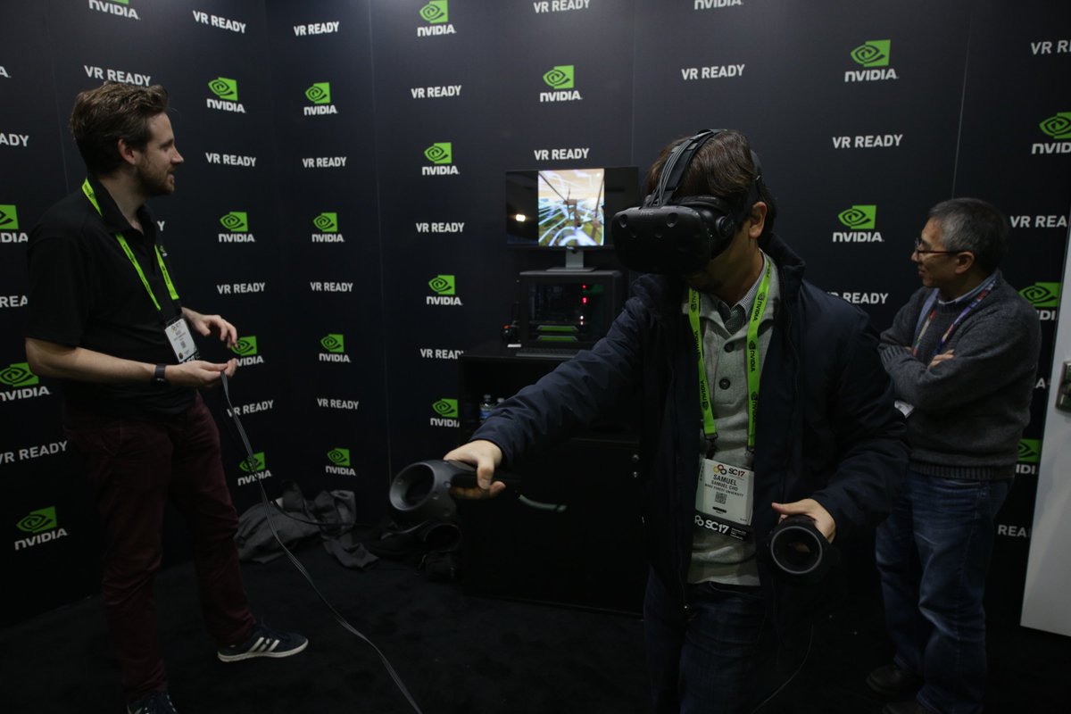 NVIDIAAIInfra's tweet photo. Our #VR room is buzzing! Swing by NVIDIA's booth (1809) tomorrow to get your last chance to try out our groundbreaking VR technology. #SC17 https://t.co/zjsyZqZmm9