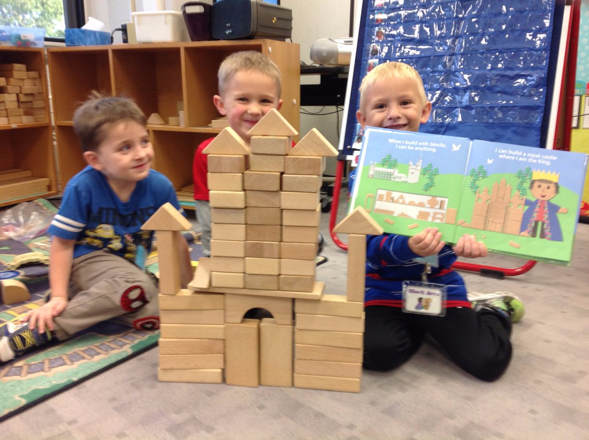 The Book, When I Play with Blocks by Nikki Alling is a great one to encourage young children to build.  Students in 4K worked together to build this castle.  They were counting blocks in the picture and finding those blocks.  Lots of math while having fun!! #sdwmath