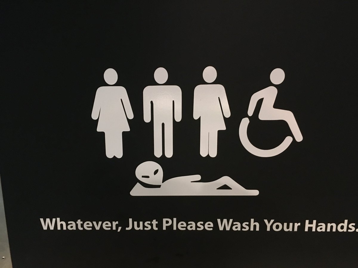 DCnameforever's tweet photo. This is the best 😂restroom sign ever! 

#restroom #humor #alien https://t.co/9RL8rrgLvT
