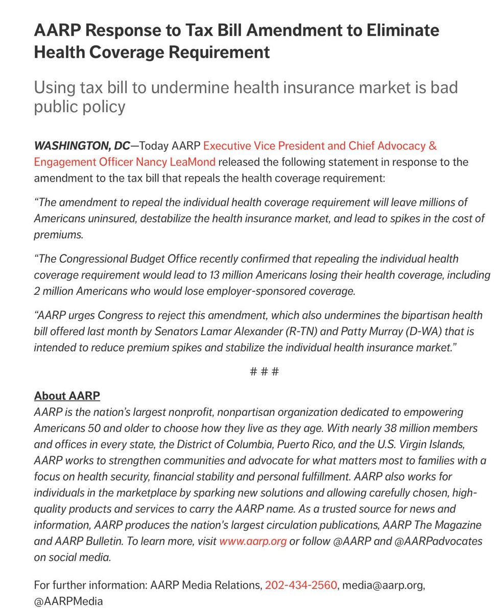 ASlavitt's tweet photo. Statement from @AARP condemning the repeal of coverage from millions to pay for tax cuts.

https://t.co/MWreYxx6X5 https://t.co/tkCFwVpC6U