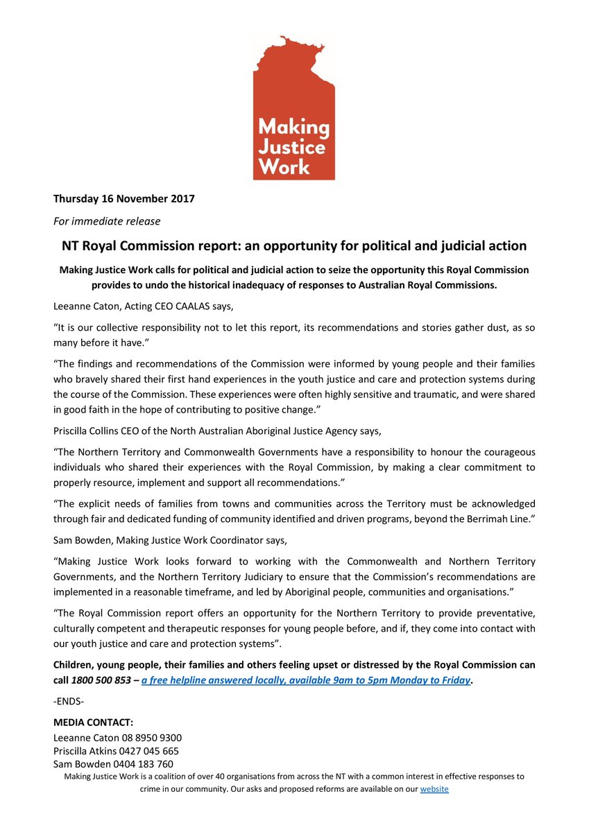 NT_MJW's tweet photo. #MJW calls for political & judicial action to seize the opportunity the #NTRC provides to undo the inadequacy of responses to RCs. Leeanne Caton, CAALAS: It's our collective responsibility not to let this report, its recommendations & stories gather dust as so many before it have https://t.co/stiI1KRZ72