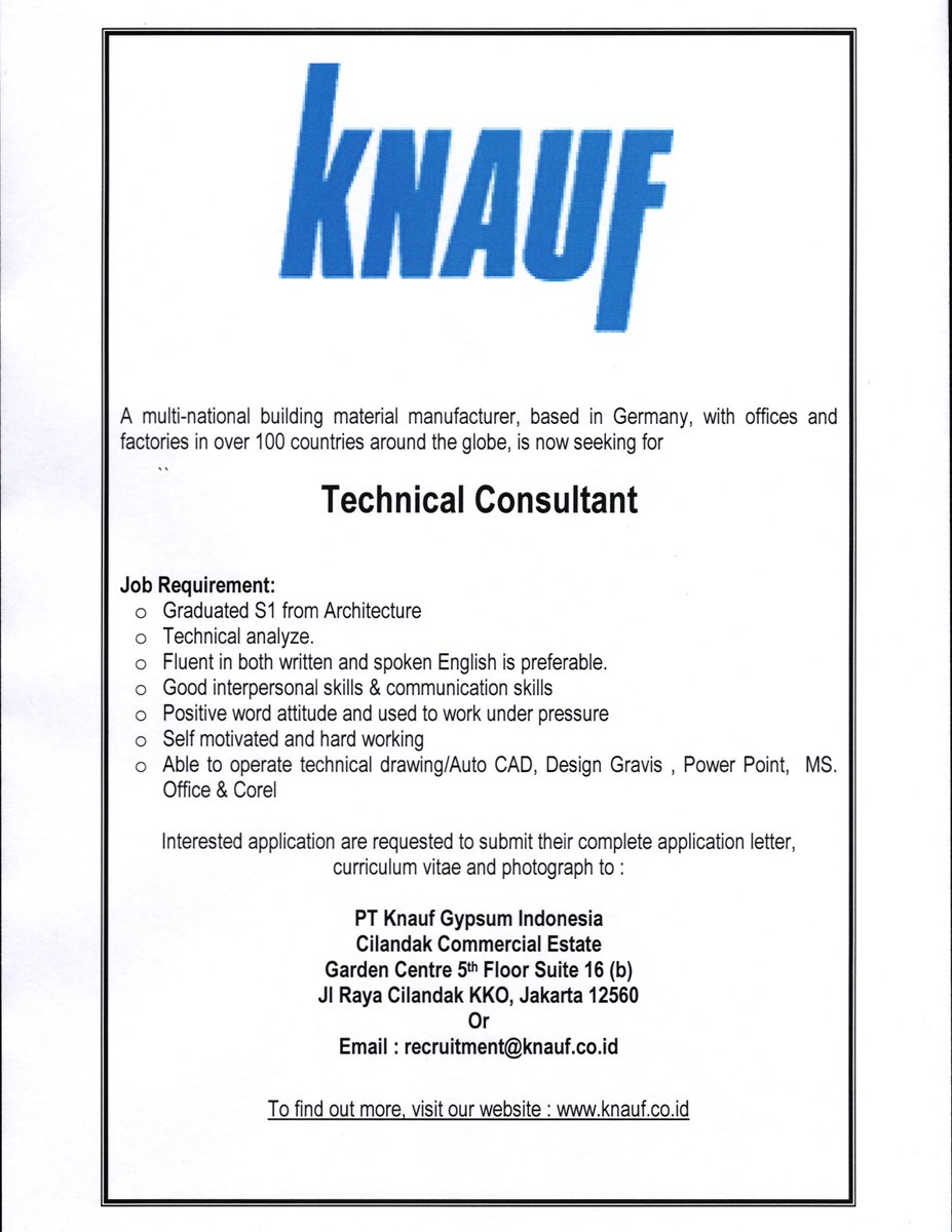 Lowongan kerja PT. Knauf Gypsum Indonesia untuk lulusan S1 Arsitektur