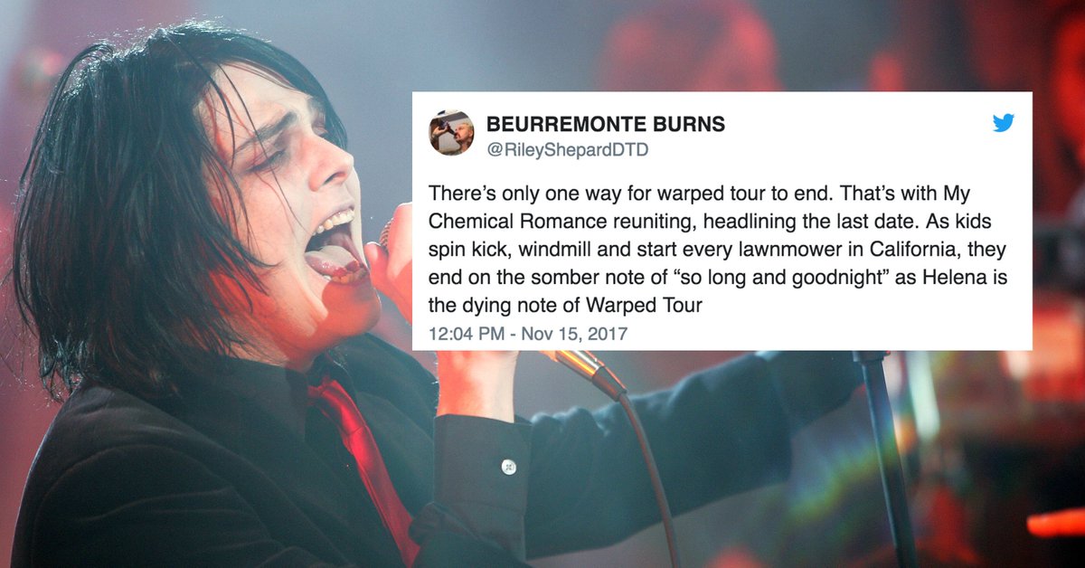 BuzzFeed's tweet photo. People are begging for My Chemical Romance to reunite for the final Warped Tour and I agree 
https://t.co/1ZLpwFTYNI https://t.co/58LCjcGIhw