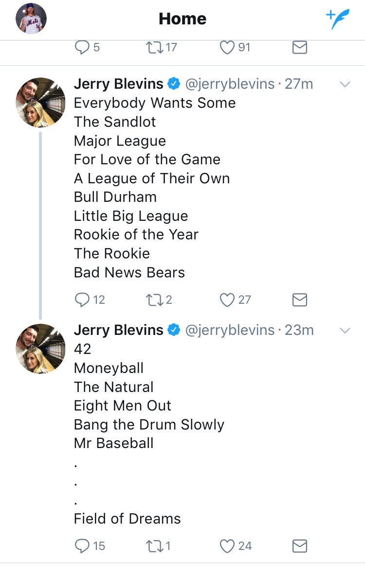 Noahsyndergaard's tweet photo. Everyone....please give @jerryblevins a pass for ranking Field of Dreams as the worst baseball movie ever made. He’s a LHP.....it’s what they do. 🤪 https://t.co/IC8t5BABCp