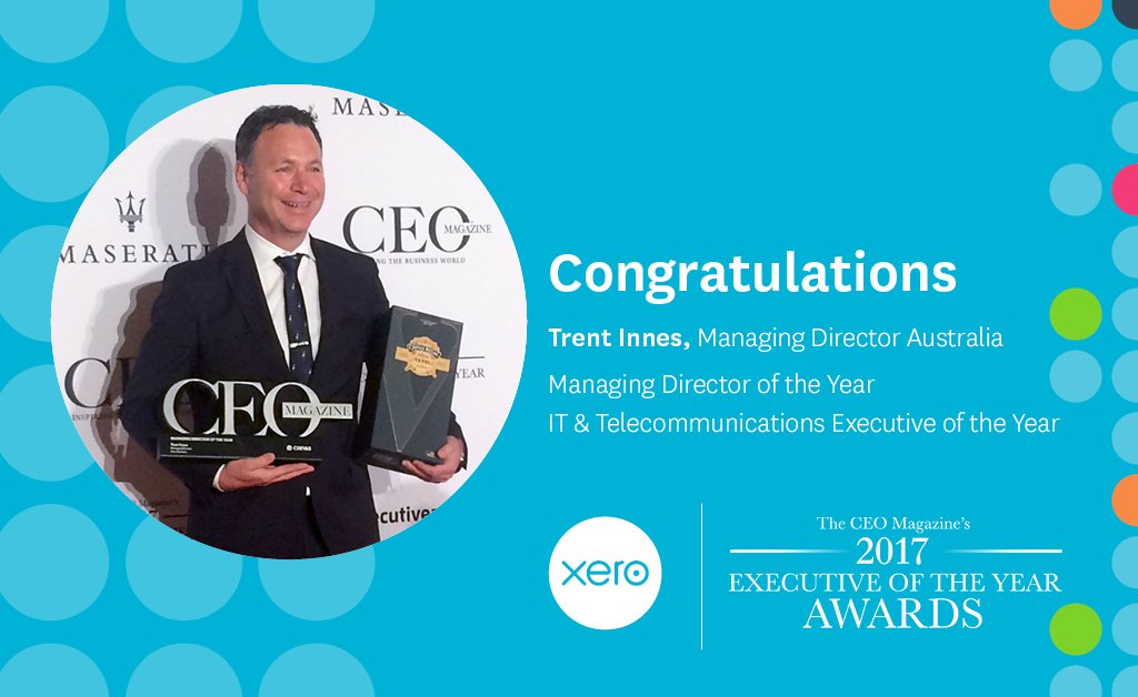 Xero's tweet photo. 🎉Congrats @trentinnes for being awarded Managing Director of the Year at the @ceomagazine #executiveawards  👏 What an incredible achievement! https://t.co/kAQH7x51v6 https://t.co/ufHmBsr3SI